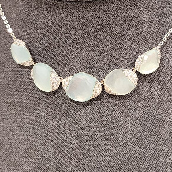 Brand New!! NADRI Delicate Soft Blue Pearlescent w/ Crystal Silver tone Necklace - Picture 3 of 6